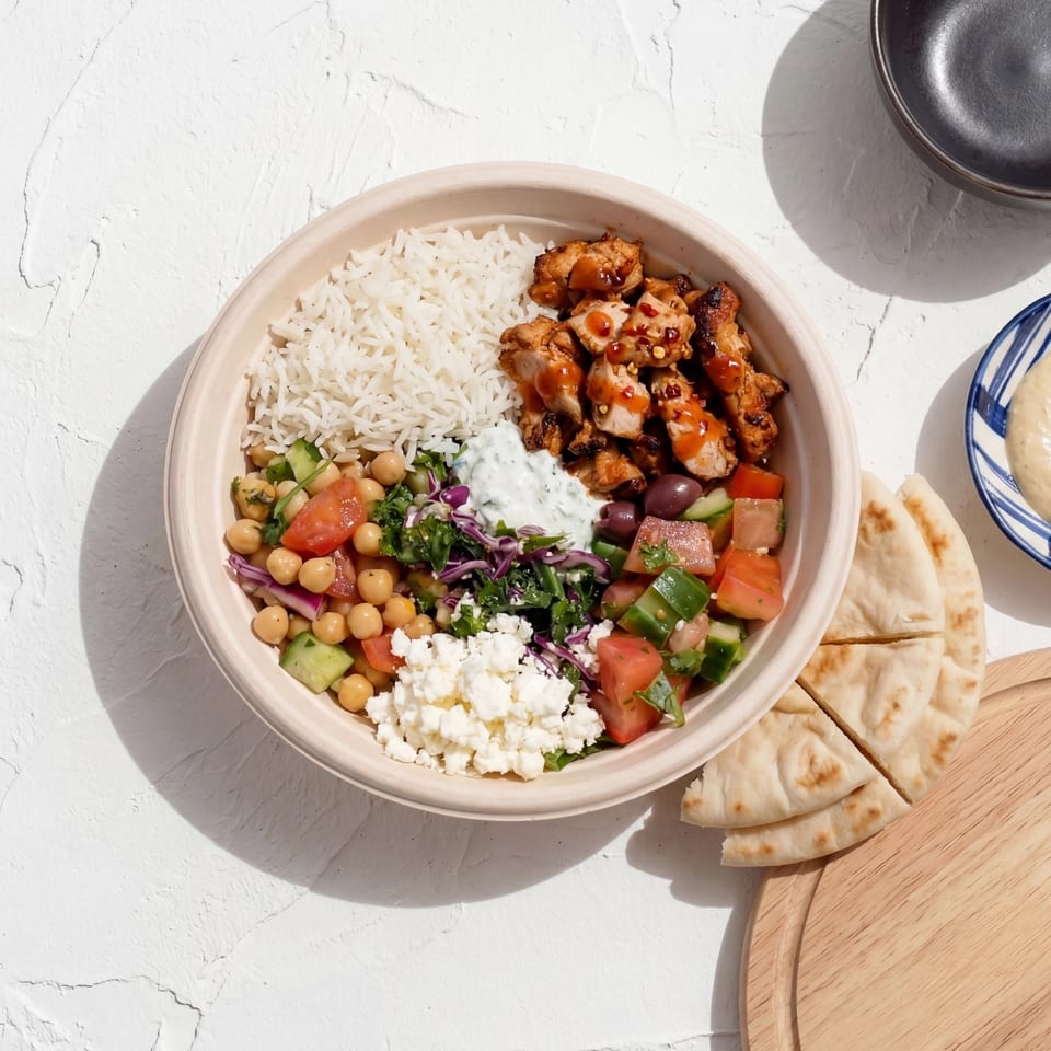 A colorful Mediterranean bowl with chicken, rice, chickpeas, salad, feta, and pita bread.