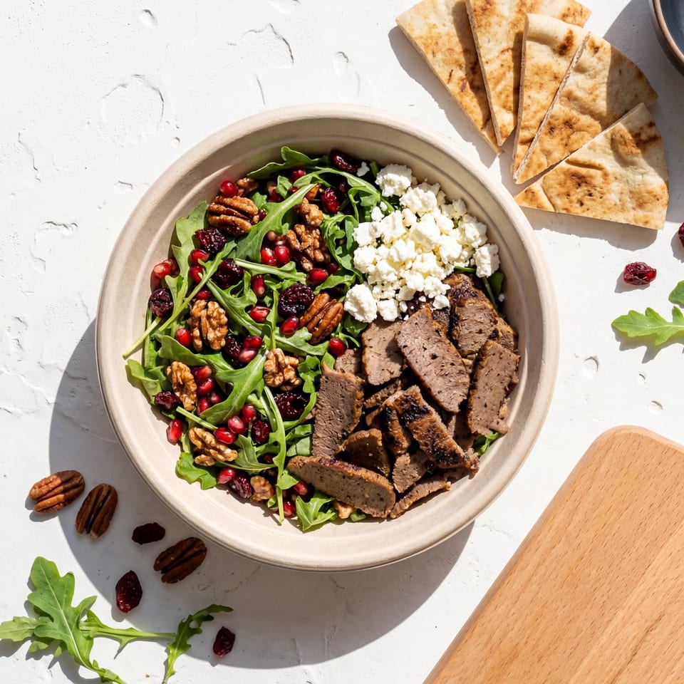 A gyro bowl with sliced meat, feta, arugula, pomegranate, cranberries, and walnuts, with pita bread.